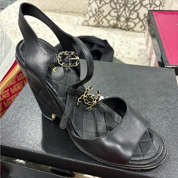 CHANEL Black Wedge Sandals with Gold Accents - Picture 1 of 7